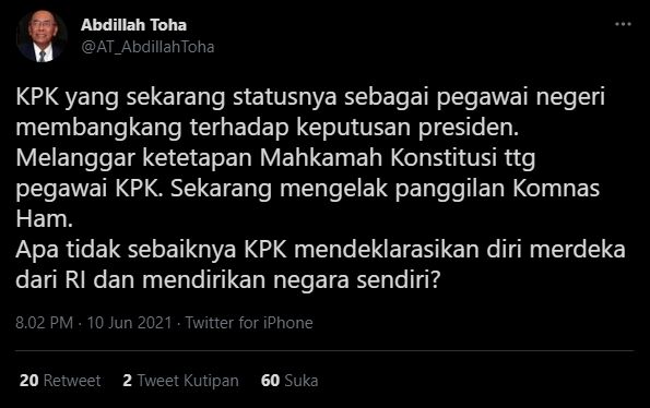 Abdillah Toha soal KPK (Twitter).