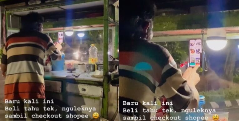 Pedagang tahu belanja online saat ngulek bumbu (TikTok).