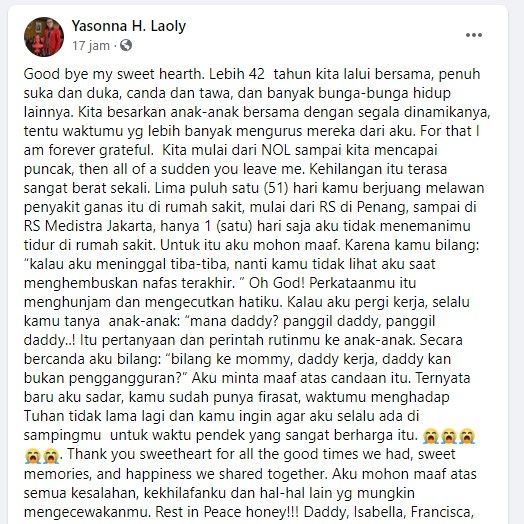 Menkumham Yasonna kenang kepergian sang istri (FB)