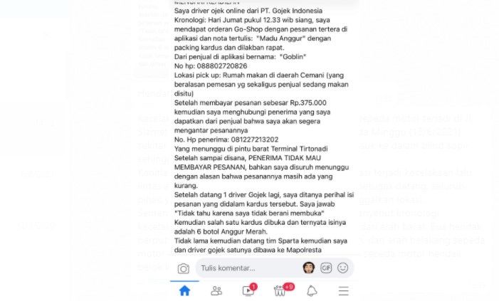 Driver ojol di Solo curhat ditangkap polisi usai terima orderan antar minuman keras. [Facebook Info Cegatan Solo dan Sekitarnya]