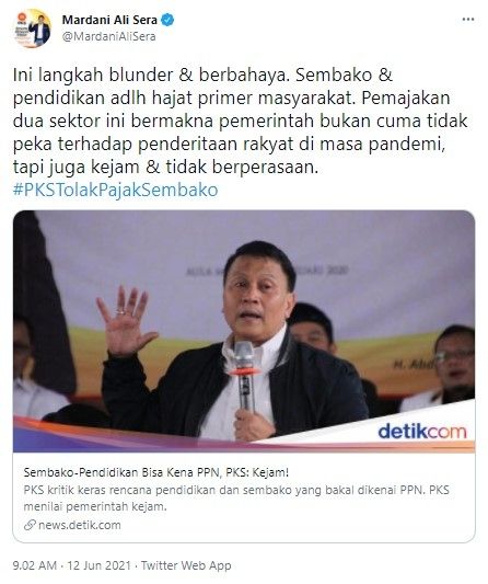 Mardani sebut pajak sembako dan pendidikan itu kejam (Twitter/mardanialisera)