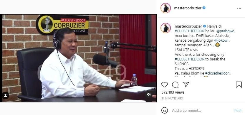 Trailer Podcast 'Bersejarah' Deddy Corbuzier dan Prabowo. (Instagram/@mastercorbuzier)