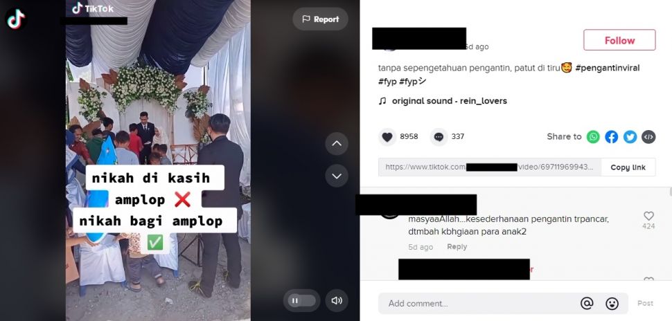 Viral Pengantin Bagi-bagi Amplop Bukan Terima Amplop di Hari Pernikahan. (TikTok/@nuu******ini)