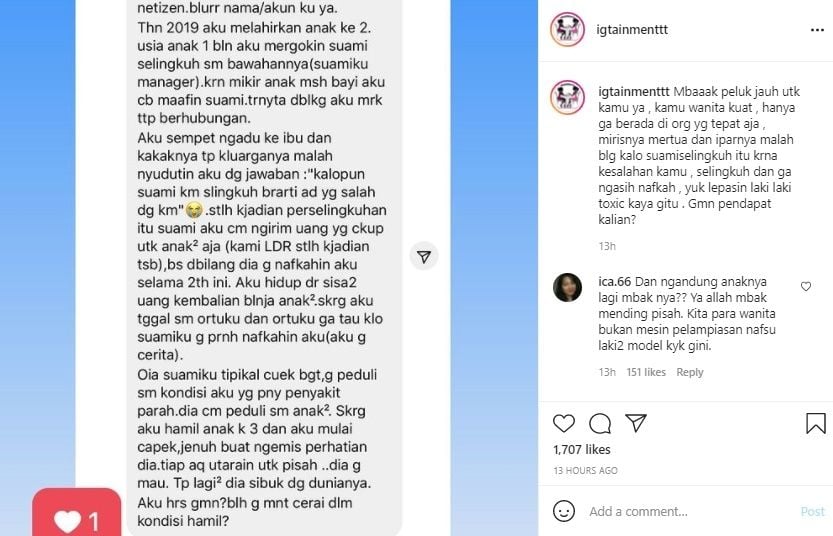 Viral Istri Curhat Pilu Disalahkan Karena Suami Selingkuh. (Instagram/@igtainmenttt)