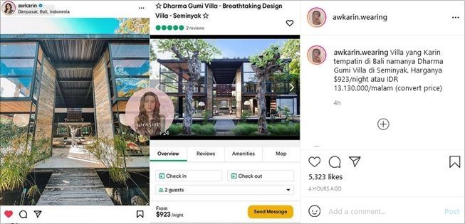 Biaya sewa per malam vila mewah Awkarin selama liburan di Bali. (Instagram/@awkarin.wearing)