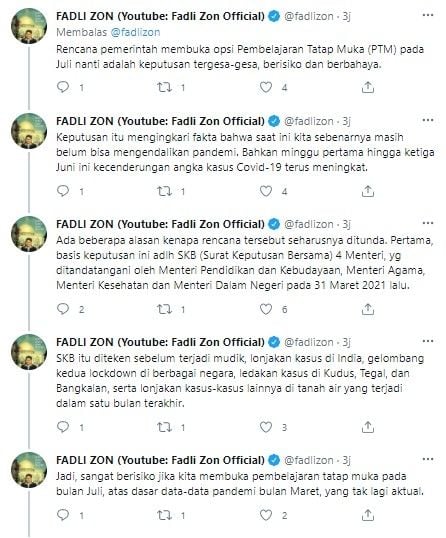 Fadli Zon desak PTM dibatalkan (Twitter/fadlizon)