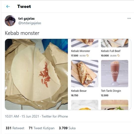 Kebab tak sesuai ekspektasi (Twitter @txtdarigajelas)