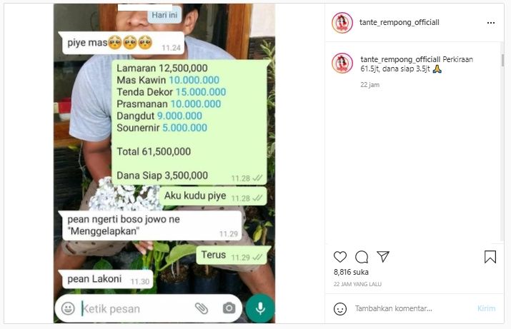 Viral rencana nikah telan biaya capai Rp 61 juta, calon bingung cuma pegang uang Rp 3 juta (Instagram/Tante_rempong_official).