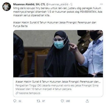 Komentar Muannas soal vonis jaksa Pinangki disunat (Twitter/muannas_alaidid)