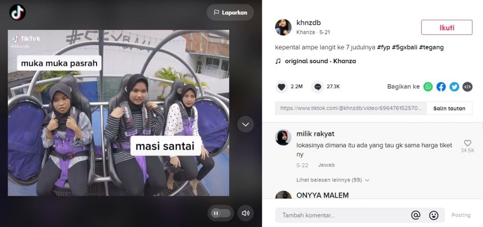 Viral Ekspresi Mbak-mbak Coba Slingshot Bak Kepental ke Langit Ketujuh. (TikTok/@khnzdb)