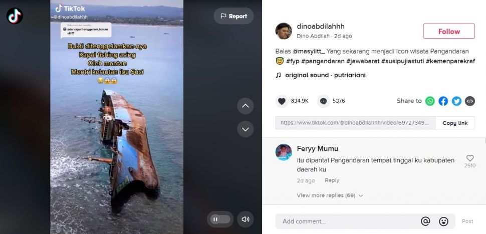 Viral Pemandangan Eksotis Kapal Yang Ditenggelamkan Susi Pudjiastuti. (TikTok/@dinoabdilahhh)