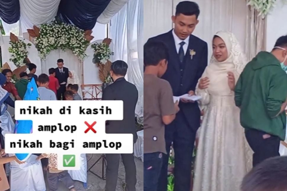 Pengantin bagi-bagi amplop. (Tiktok/@nuurinuraini)