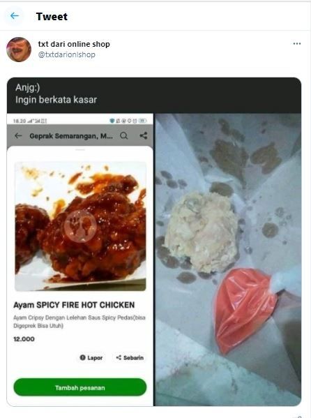Ayam krispi saus pedas tak sesuai ekspektasi (Twitter @txtdarionlshop)