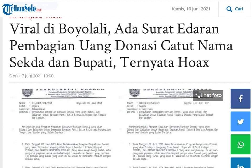 Surat edaran pembagian uang donasi Sekda dan Bupati Boyolali (Turnbackhoax.id)