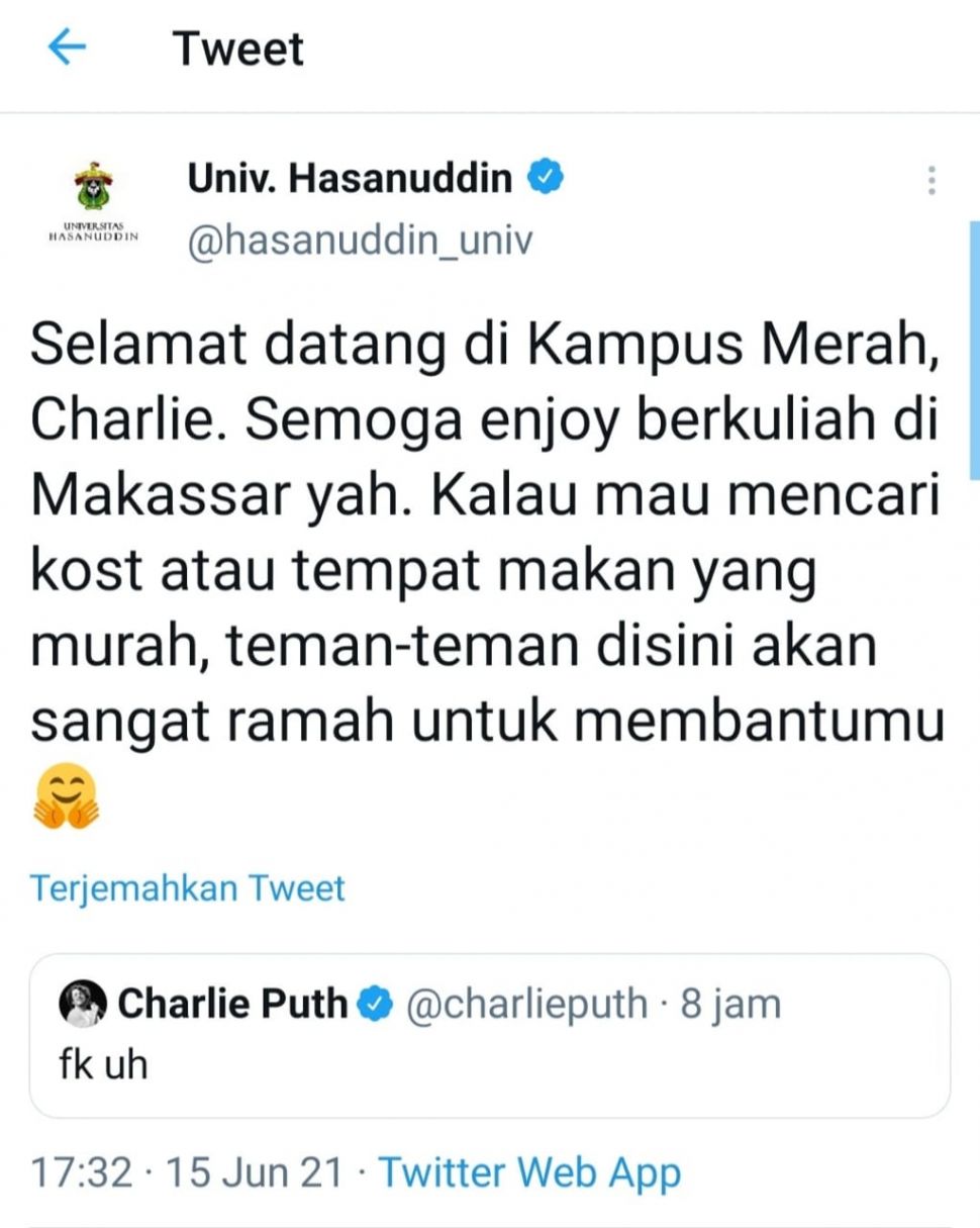 Viral Charlie Puth masuk Fakultas Kedokteran Universitas Hasanuddin. (Dok. Twitter/Hasanuddin_univ)
