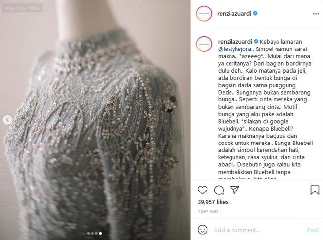 Detail kebaya lamaran Lesti Kejora yang baru terungkap. (Instagram/@renzilazuardi)