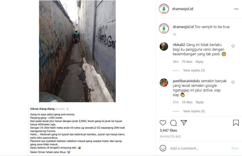 Viral Kisah Kocak Ojol Lewat Gang Corona Demi Ngirit. (Instagram/@dramaojol.id)