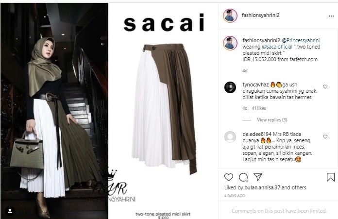 Syahrini Pakai Rok Plisket Seharga Motor, Warganet Bandingkan dengan Punyanya. (Dok: Instagram/fashionsyahrini2)