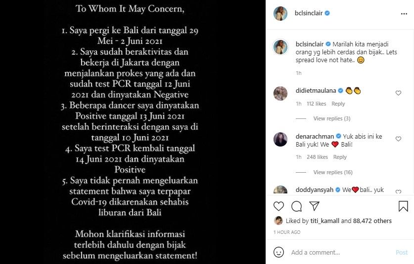 Klarifikasi Bunga Citra Lestari soal positif Covid-19. (Instagram/bclsinclair)