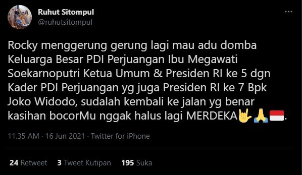 Cuitan Ruhut Sitompul sebut Rocky Gerung mau adu domba Megawati dan Jokowi (Twitter).