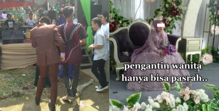 Pengantin pria ikut goyang bareng biduan, eskpresi istri disorot bak cuma bisa pasrah (TikTok).