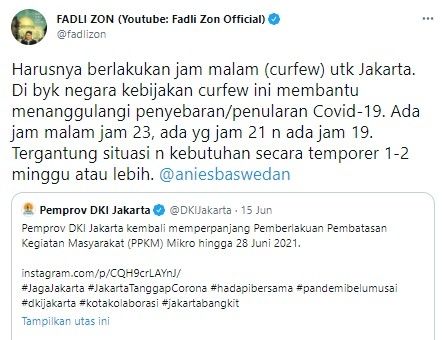 Fadli Zon minta Anies berlakukan jam malam (Twitter/fadlizon)