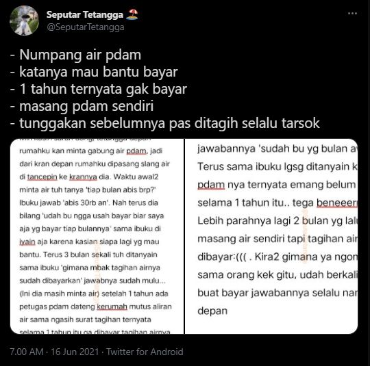 Tetangga tak bayar iuran tagihan air PDAM. (Twitter/SeputarTetangga)