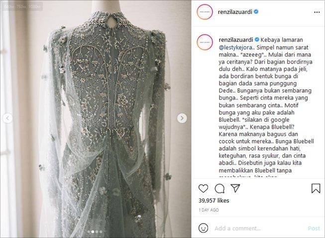 Makna bunga bluebell di kebaya lamaran Lesti Kejora. (Instagram/@renzilazuardi)