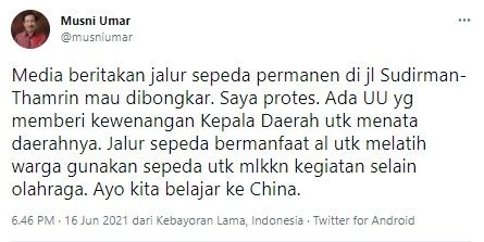 Musni Umar protes Kapolri setuju bongkar jalur sepeda (Twitter/musniumar)