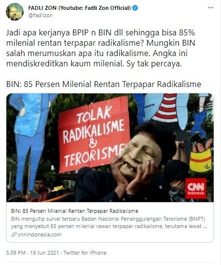 Fadli Zon tak percaya 85 persen milenial rentan kena radikalisme (Twitter)