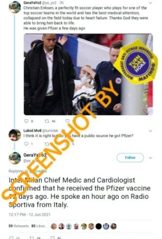 CEK FAKTA Benarkah Pesebakbola Christian Eriksen Terkena Serangan Jantung Usai Divaksin. (Turnbackhoax.id)