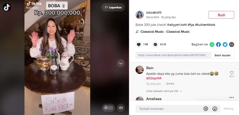 Viral Sisca Kohl Jual Boba Rp300 Juta, (Instagram/@siscakohl)