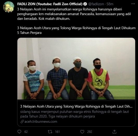 Fadli Zon Kritik Hukuman 3 Nelayan Aceh Yang Selamatkan Warga Rohingya. (Twitter/@fadlizon)