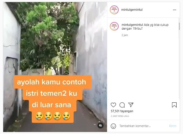 Beri jatah Rp 19 ribu per hari, suami geram istri tak bisa nabung dan masak enak (Instagram/mintulgemintul).