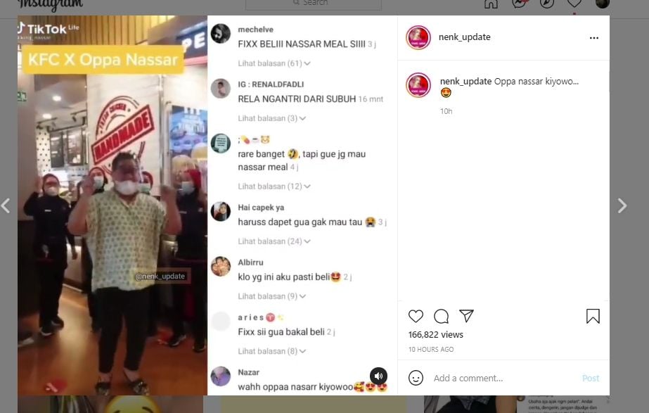 Warganet Ngaku Siap Antre, Viral Video KFC Kolaborasi dengan Nassar Oppa. (Instagram/@nenk_update)