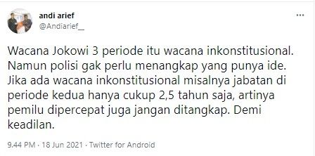 Andi Arief sebut wacana presiden tiga periode itu inkonstitusional (Twitter/andiarief__)