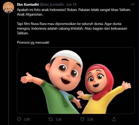 Eko Kuntadhi Sebut Pakaian Film Nussa Mirip Bomber Taliban. (Twitter/@eko_kuntadhi)