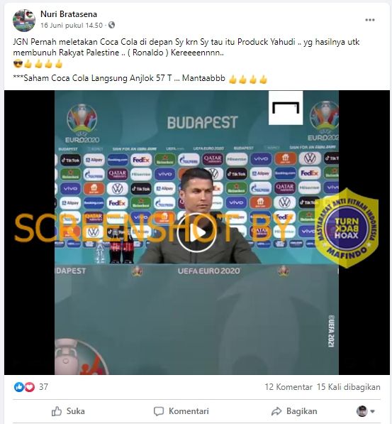 Fakta Ronaldo pindahkan Coca-Cola karena produk Yahudi (Turnbackhoax.id)