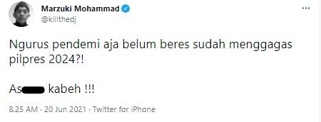 Kill The DJ kritik pihak yang bahas isu Pilpres 2024 dimasa pandemi (Twitter)