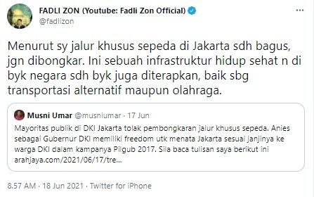 Fadli Zon minta jalur sepeda Jakarta tidak dibongkar (Twitter/fadlizon)