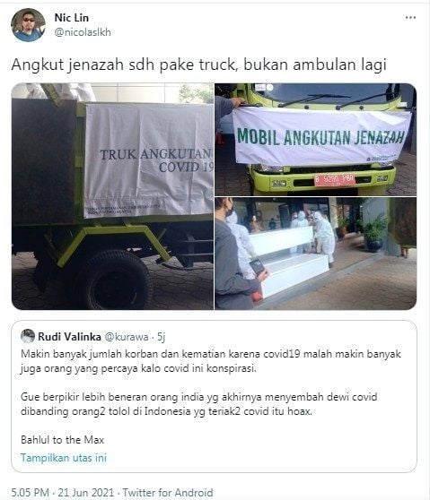 Postingan warganet soal "Truk Angkutan Jenazah COVID-19". [Twitter@nicolaslkh]