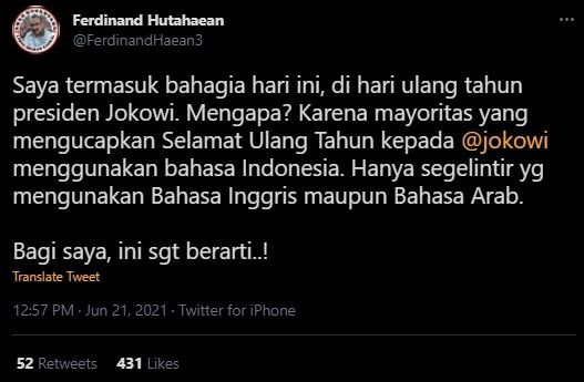 Ferdinand Hutahaean Bahagia Baca Ucapan Ultah Jokowi. (Twitter/@FerdinandHaean3)