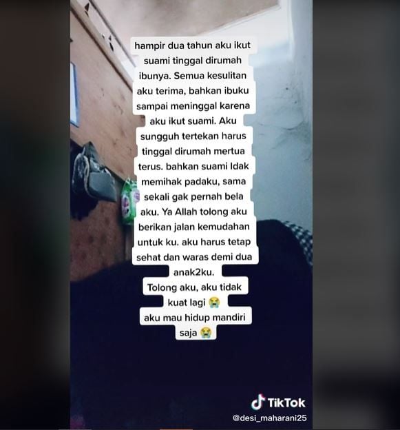 Curhat Wanita Tertekan 2 Tahun Tinggal dengan Mertua (tiktok.com/@desi_maharani25)