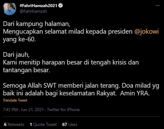 Cuitan Fahri Hamzah Ucapkan Selamat Ultah ke Jokowi. (Twitter/@Fahrihamzah)