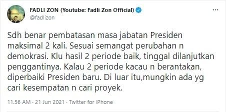 Komentar Fadli Zon soal jabatan presiden 3 periode (Twitter/fadlizon)