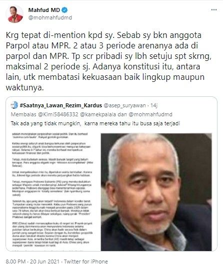 Mahfud MD setuju presiden dua periode (Twitter/mohmahfudmd)