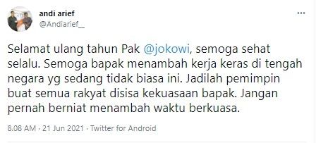 Andi Arief beri pesan khusus untuk Jokowi di ultah ke-60 (Twitter)