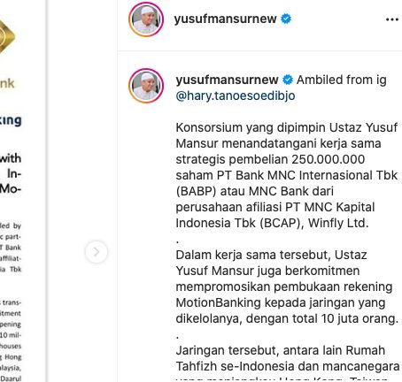 Unggahan Ustaz Yusuf Mansur [Instagram]