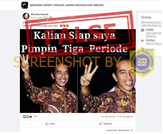 CEK FAKTA gambar Jokowi 'kalian siap saya pimpin tiga periode' (turnbackhoax.id).