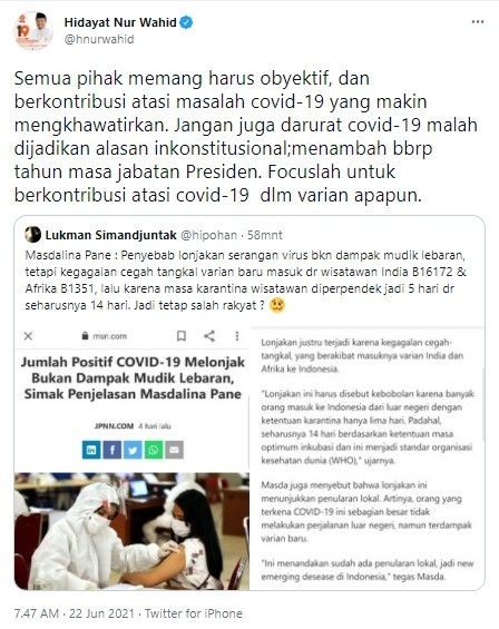 HNW minta darurat Covid-19 tak jadi alasan tambah masa jabatan presiden (Twitter)